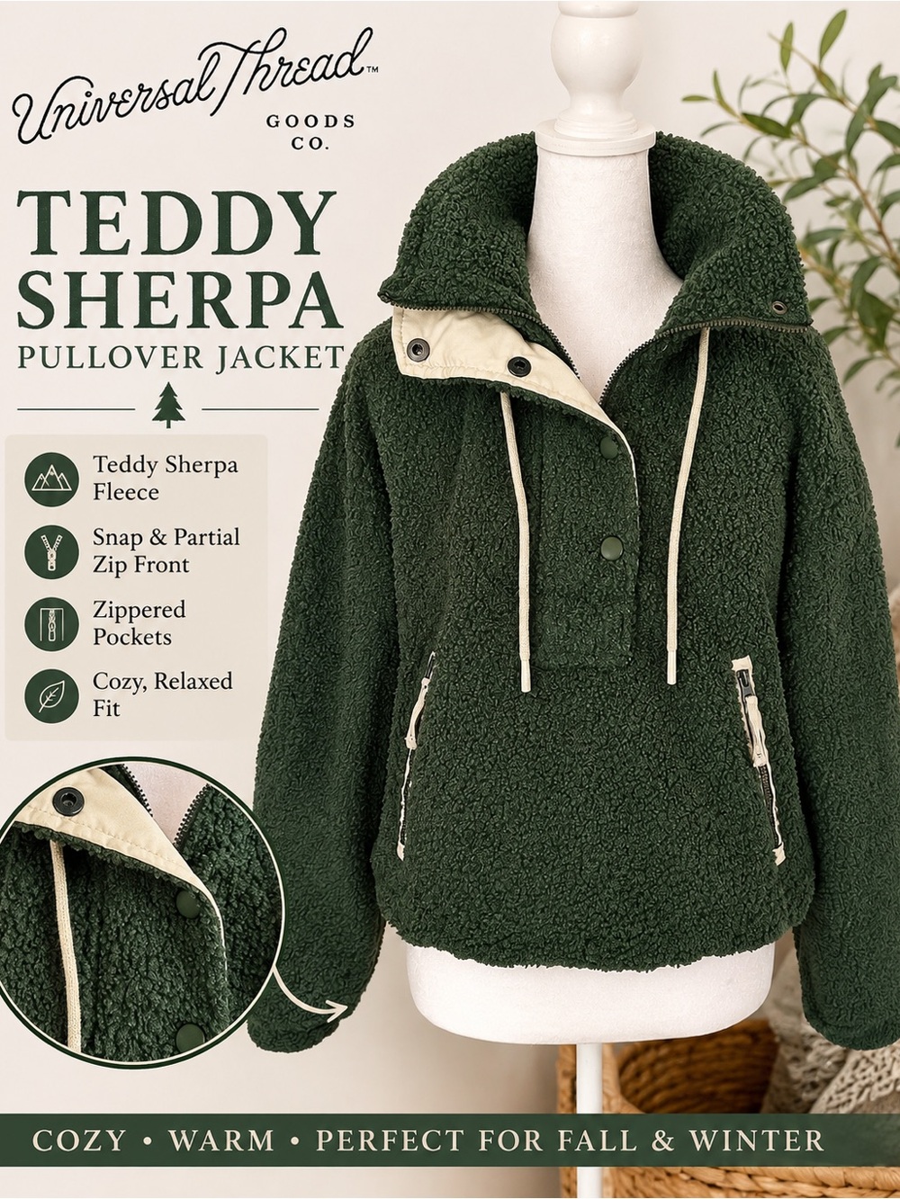 Universal Thread Teddy Sherpa Pullover Jacket - Dark Green with Cream Trim